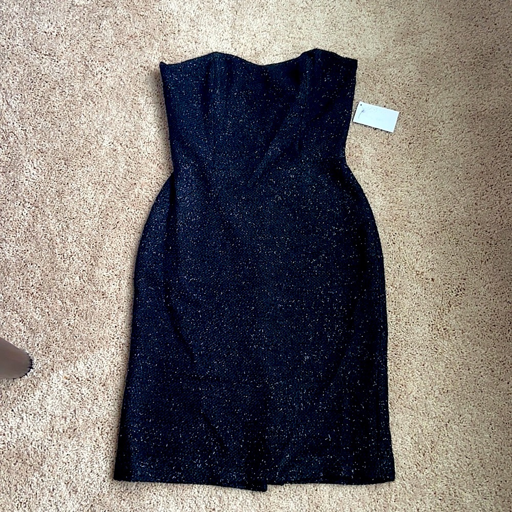 Black strapless cocktail dress, tweed, sparkle